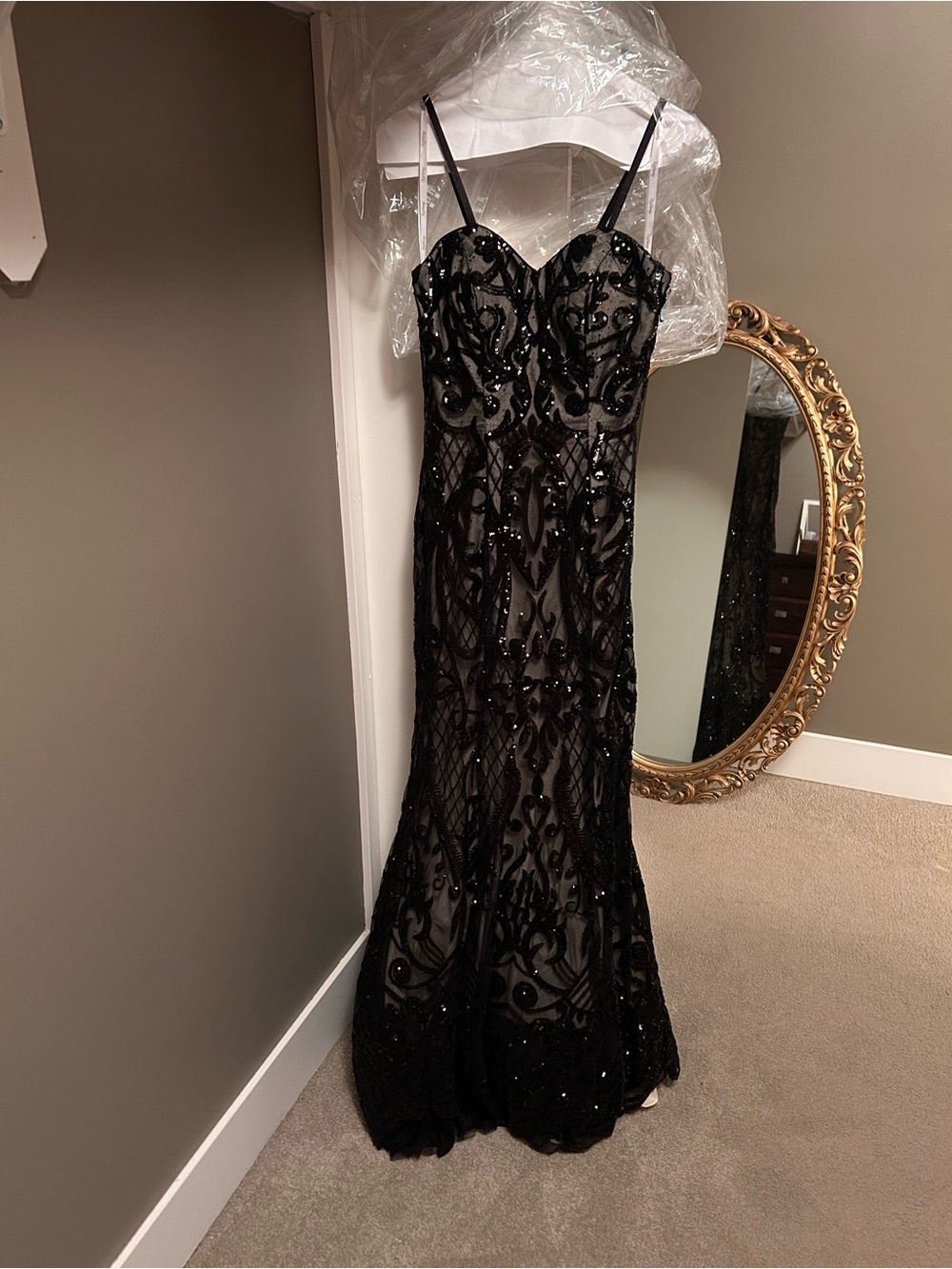 Black Beaded Spaghetti-Strap Evening Gown